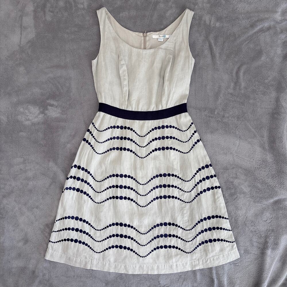 Boden Dress Womens 2 100% Linen Ivory Navy Embroidered Fit Flare